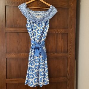 Gretchen Scott Heavens Gate Off Shoulder Belted Dress Blue White Size Large